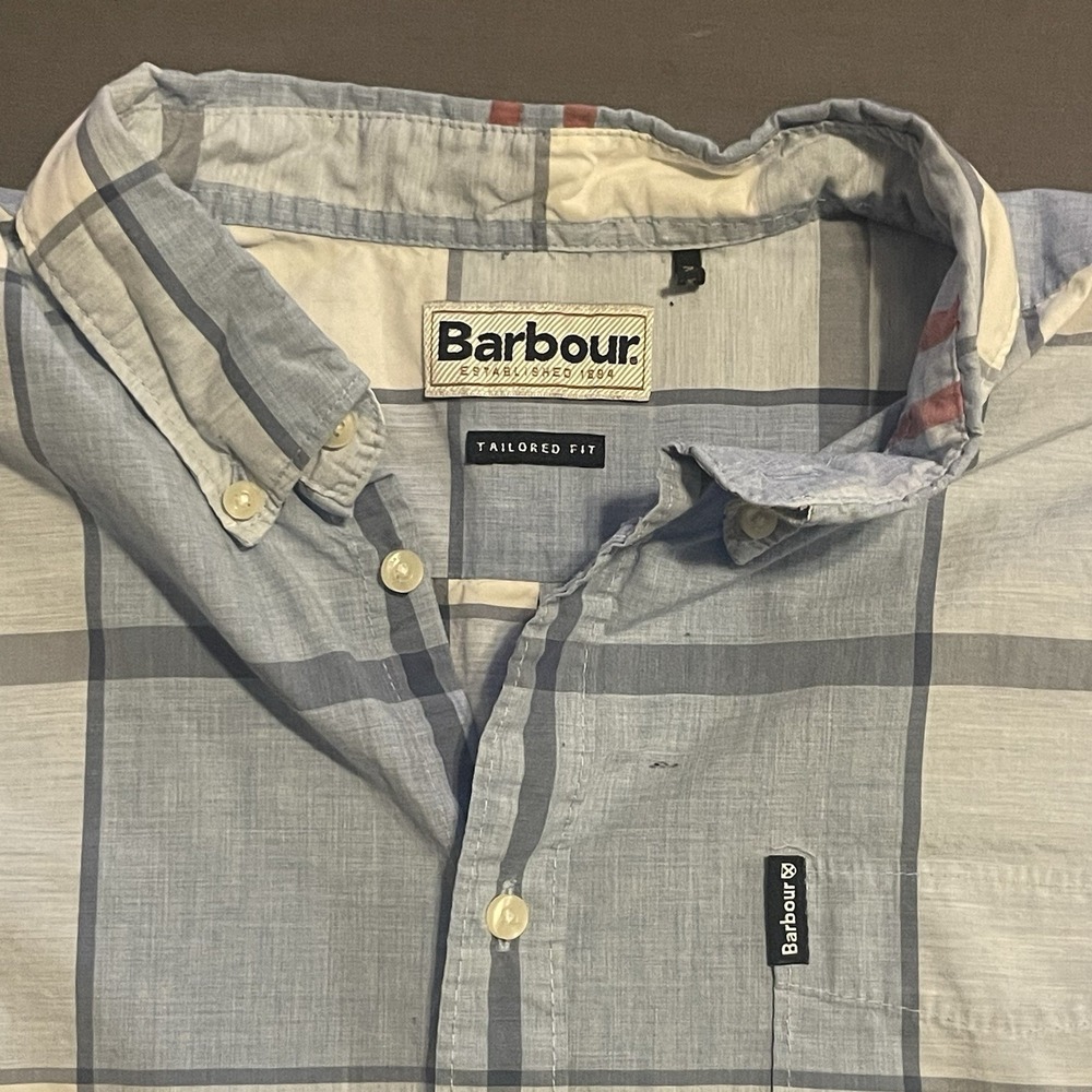 Barbour Douglas Short Sleeve Blue Plaid Cotton Button Shirt Men's XL - Picture 2 of 6